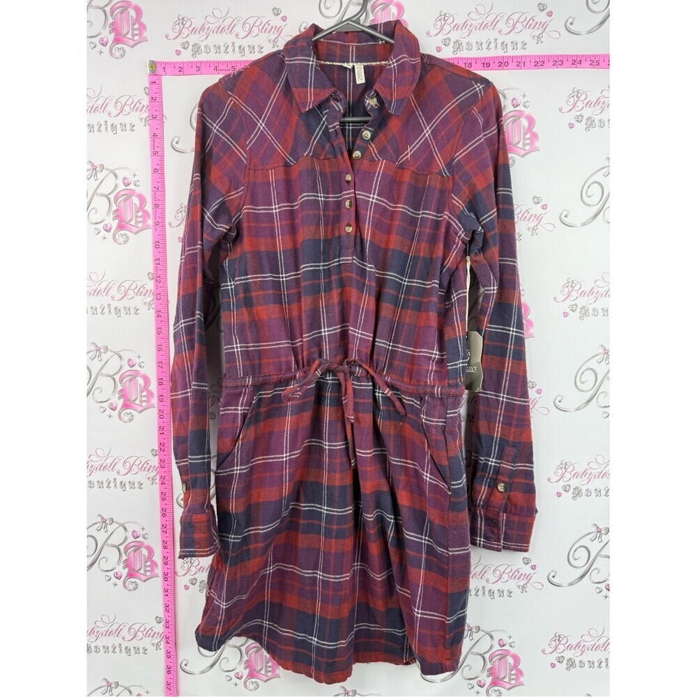 Element dress purple white Red and Navy Plaid Mini Dress tie up waist NEW